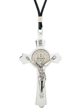 Saint Benedict Crucifix Pendant Silver-Tone Metal with Cord, 3 Inch